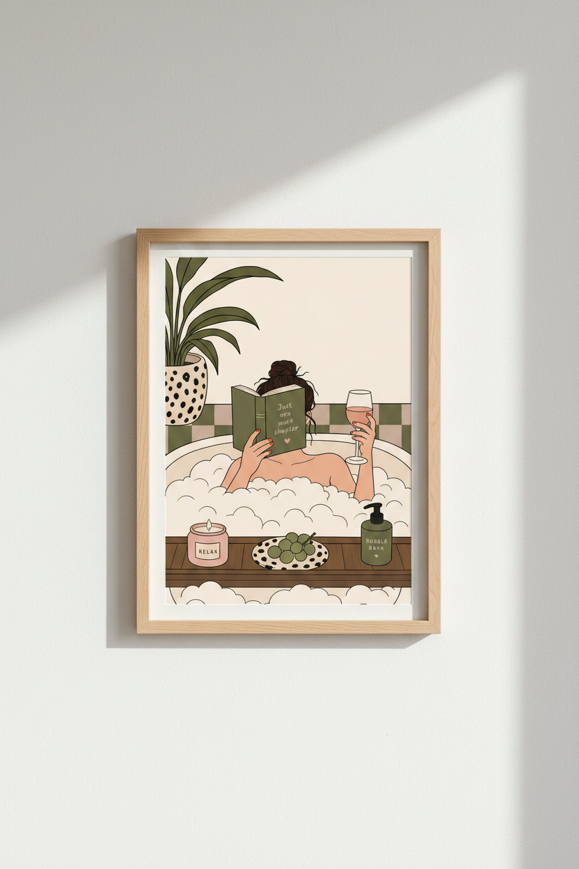 Bathing Bookworm Art Print | Retro Bathroom Decor | Sage Green Aesthetic Poster