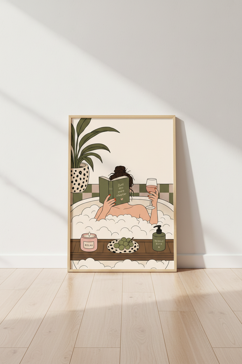 Bathing Bookworm Art Print | Retro Bathroom Decor | Sage Green Aesthetic Poster