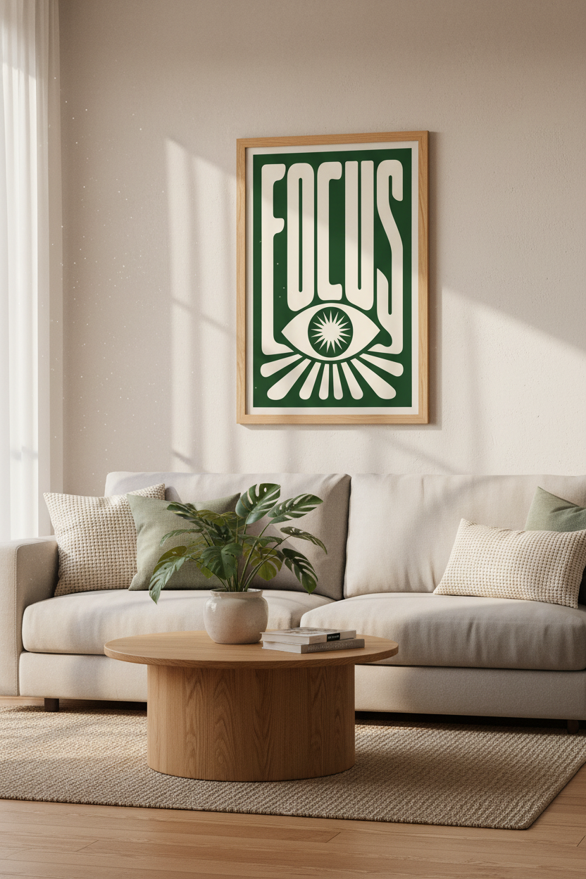 Focus Typography Wall Art | Green & Cream Retro Poster, Modern Office Decor