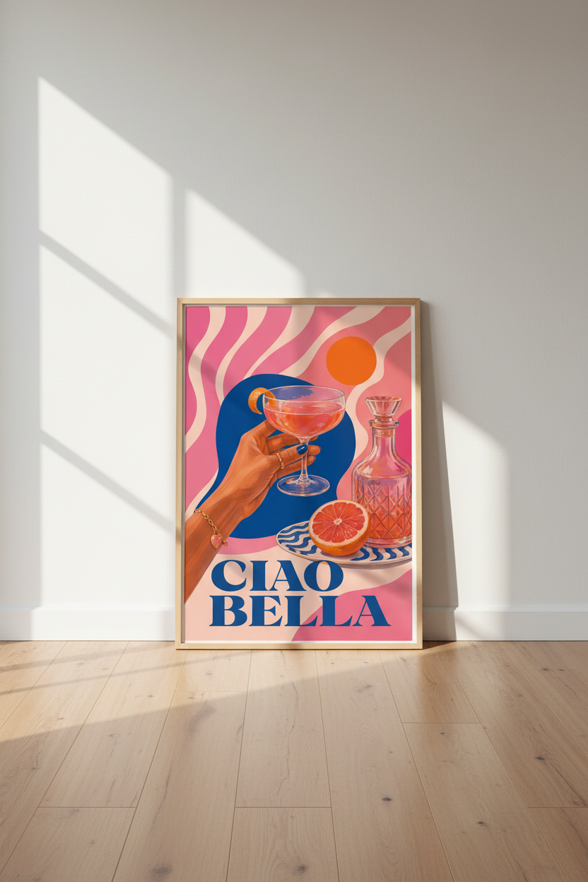 Retro Cocktail Art Print | Ciao Bella Pink Poster, Modern Bar Cart Decor