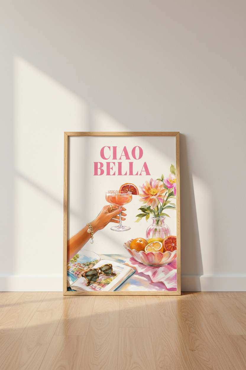 Ciao Bella Italian Art Print | Pink Mediterranean Poster, Kitchen & Bar Cart Decor