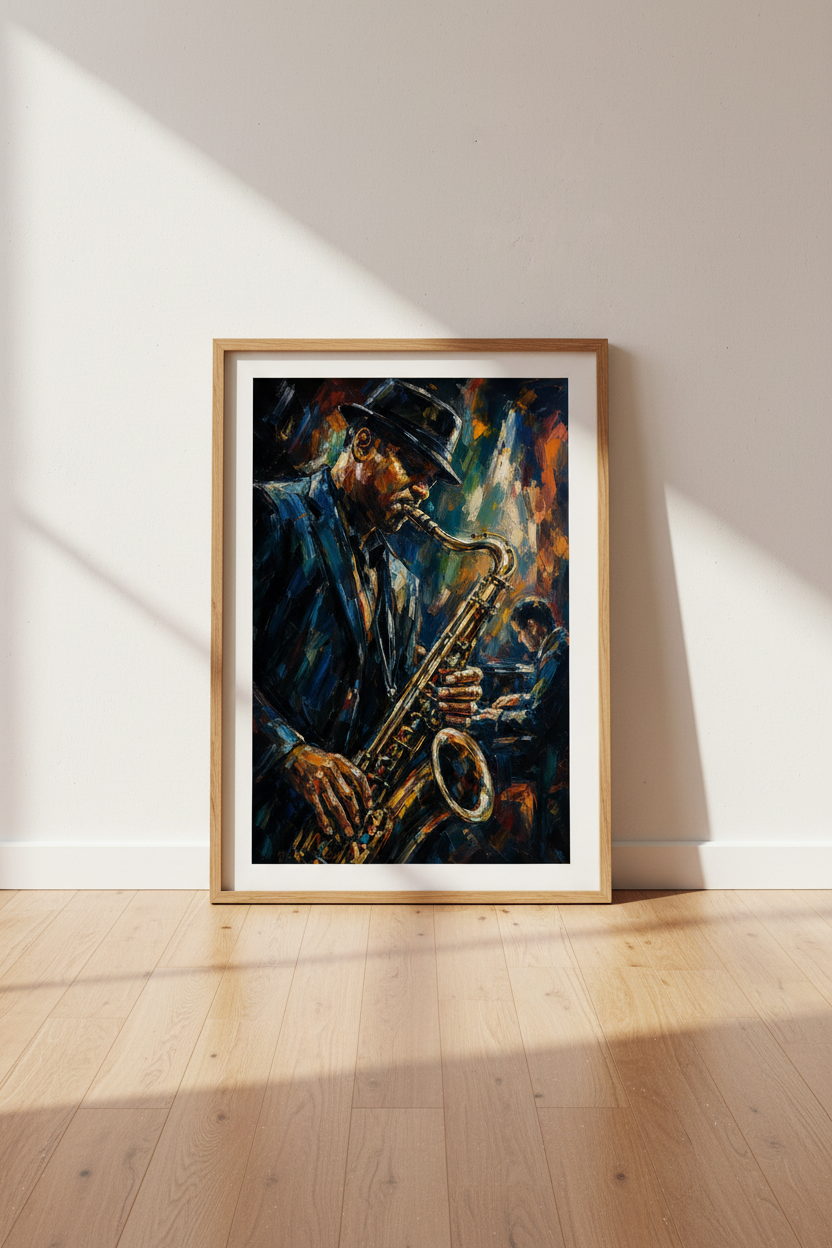 Jazz Musician Art Print | Saxophone Oil Painting Style, Music Room Decor Poster