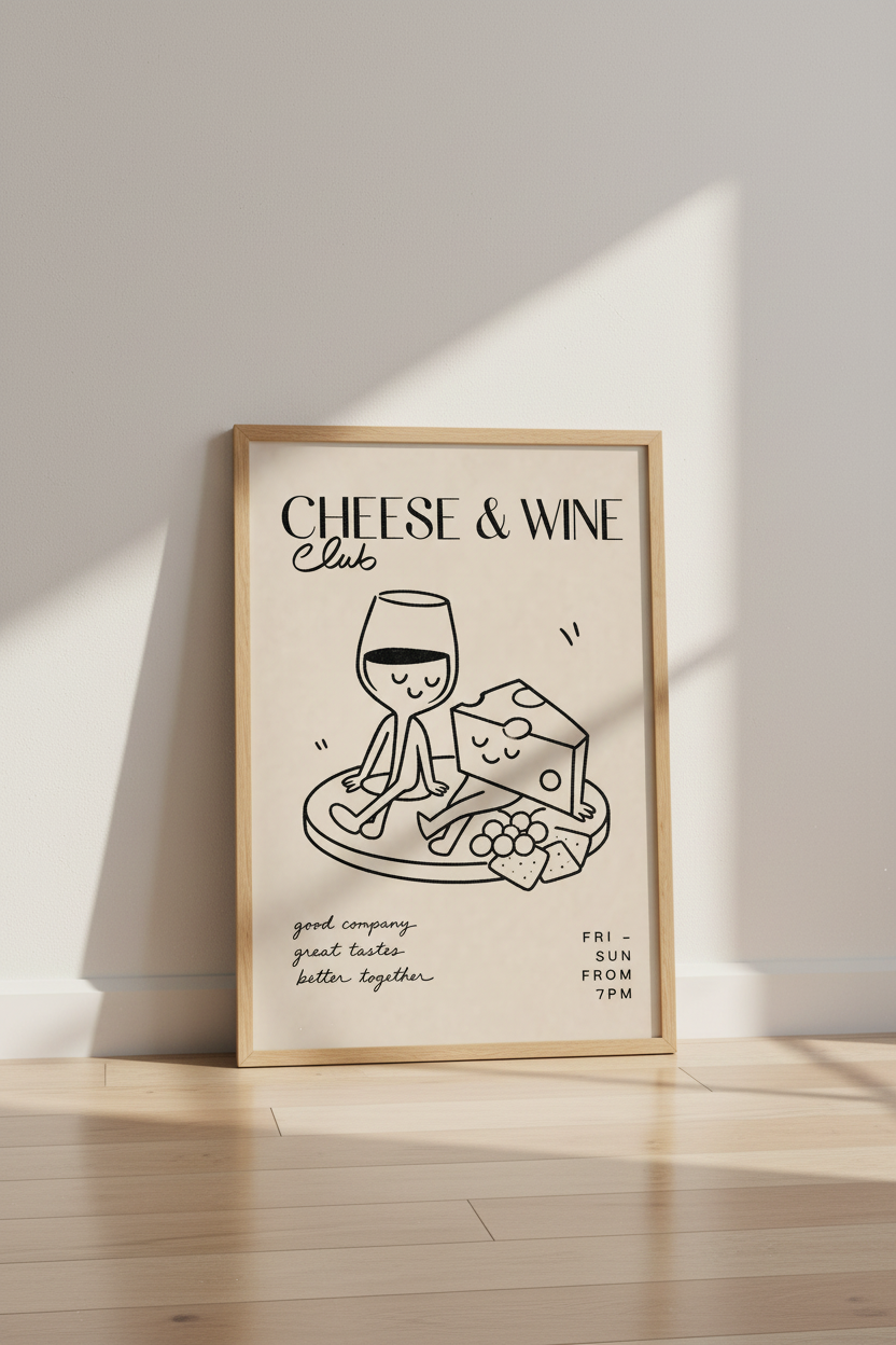 Cheese and Wine Club Wall Art Print | Kitchen Dining Decor | Minimalist Poster
