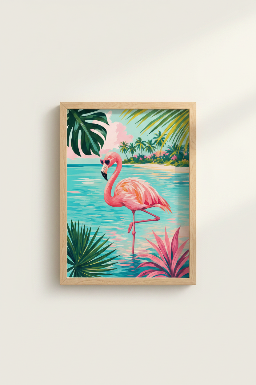 Flamingo Beach Poster | Tropical Pink Bird Art, Summer Vacation Aesthetic Decor