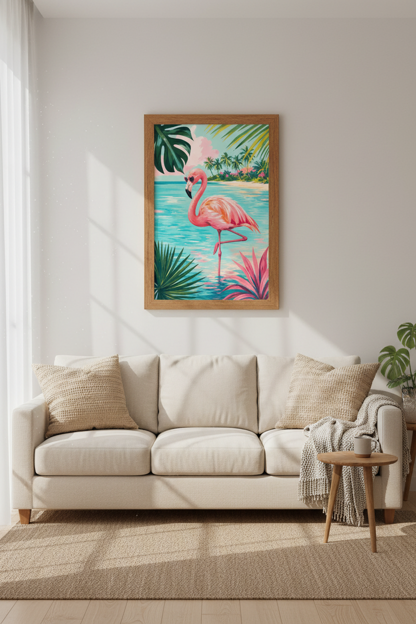 Flamingo Beach Poster | Tropical Pink Bird Art, Summer Vacation Aesthetic Decor