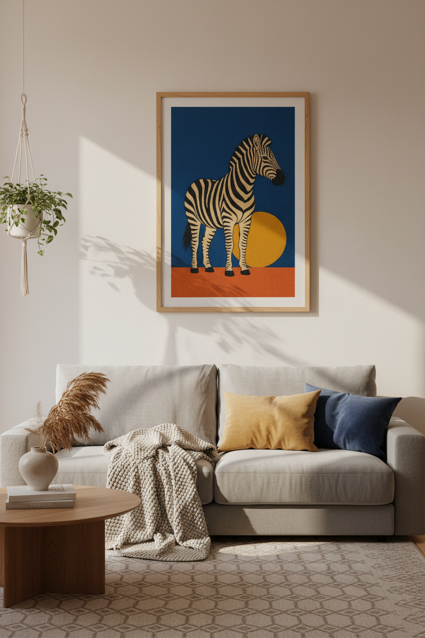Zebra Wall Art Print | Navy & Gold Savanna Decor | Modern Textile Style Poster