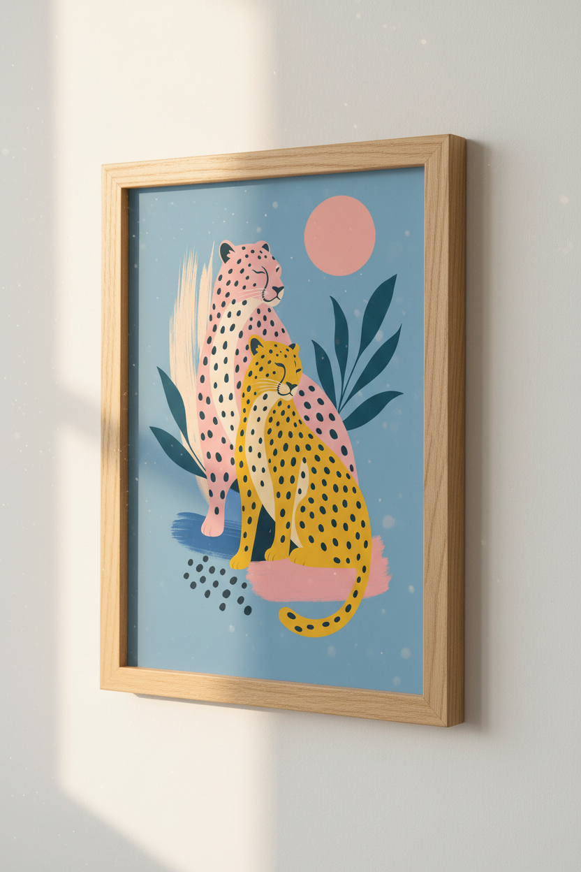 Abstract Leopard Duo Wall Art | Pink & Yellow Modern Print, Eclectic Decor