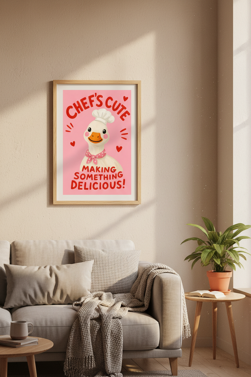 Funny Kitchen Wall Art | Cute Duck Chef Poster, Pink Dopamine Decor Foodie Gift
