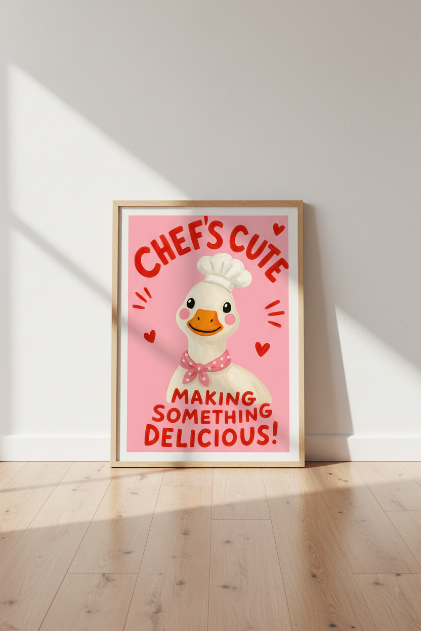 Funny Kitchen Wall Art | Cute Duck Chef Poster, Pink Dopamine Decor Foodie Gift
