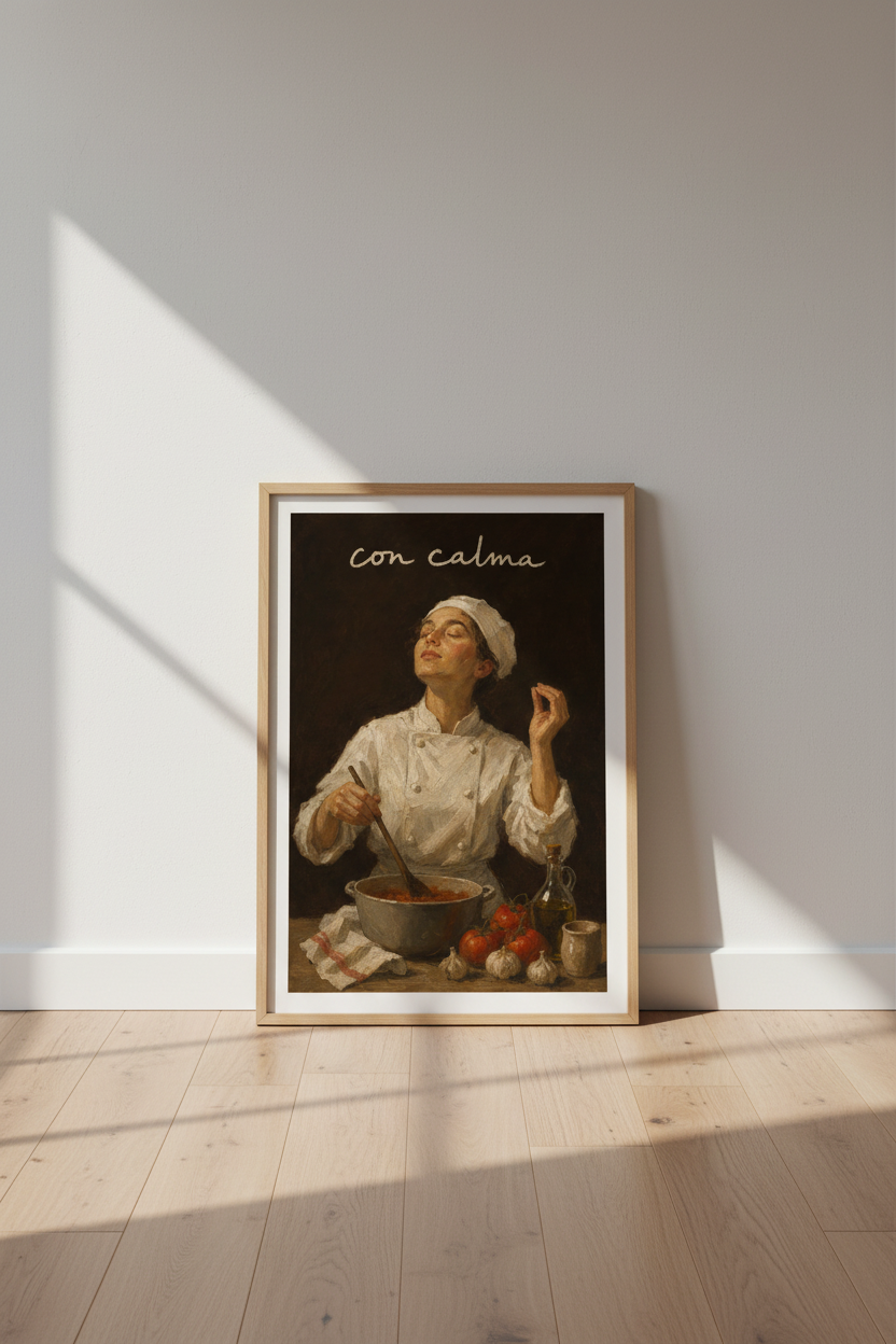 Italian Chef Oil Painting | Con Calma Kitchen Decor, Rustic Foodie Art Poster