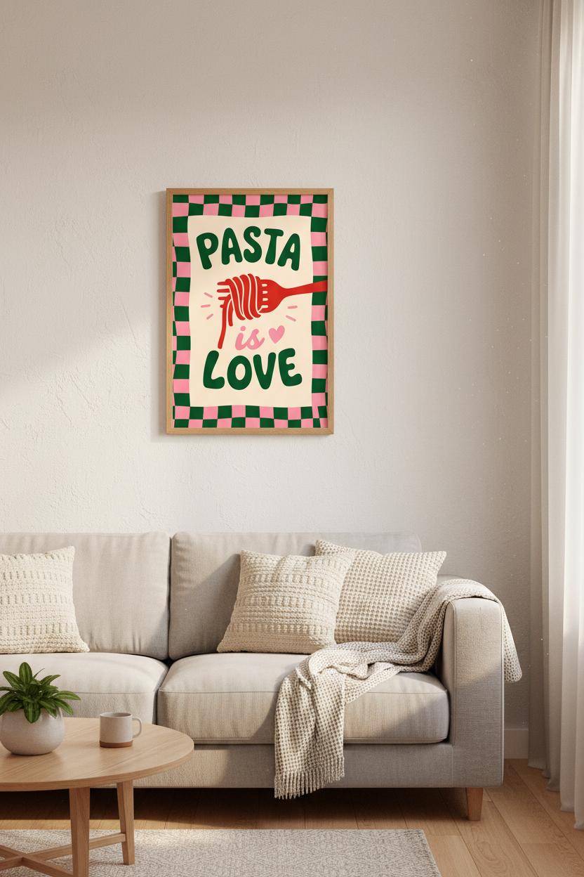 Retro Kitchen Poster | Pink and Green Pasta Wall Art Print | Fun Dining Room Decor