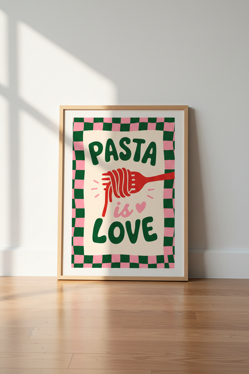 Retro Kitchen Poster | Pink and Green Pasta Wall Art Print | Fun Dining Room Decor