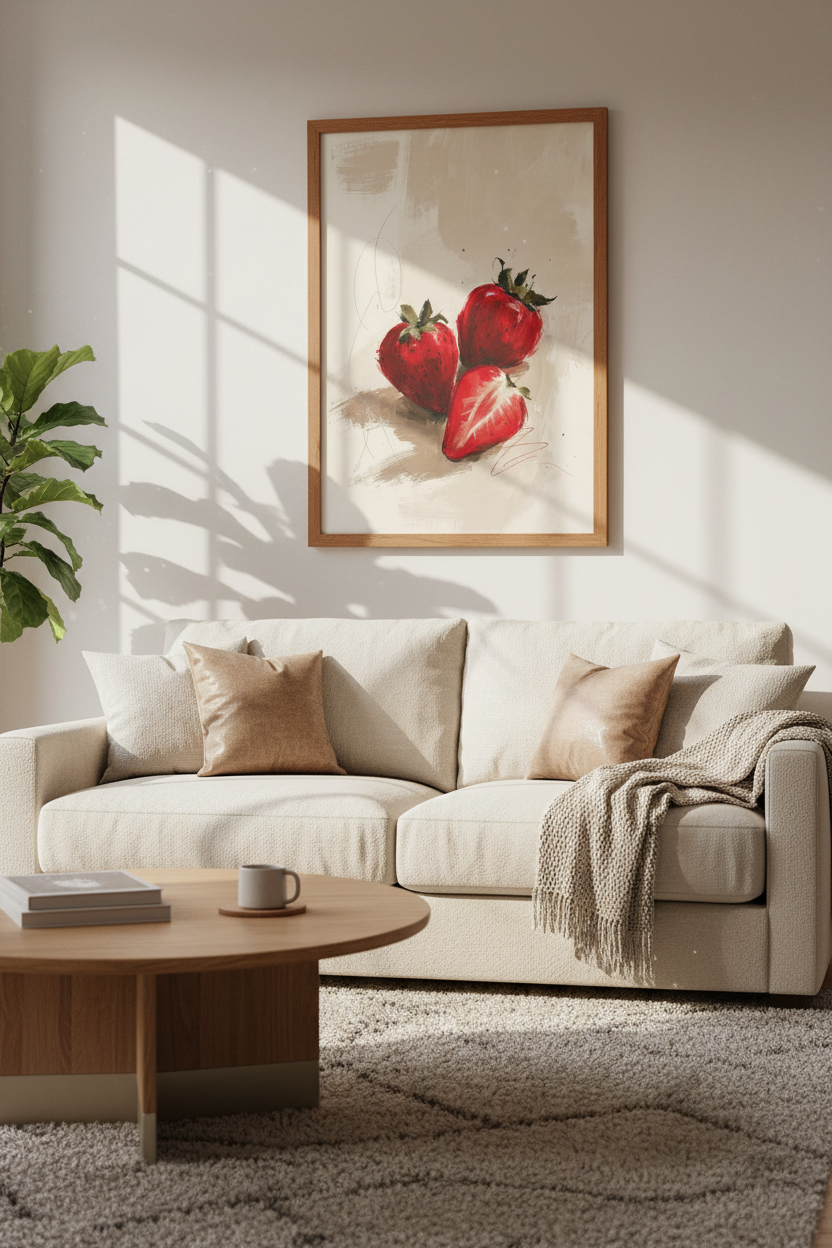 Strawberry Fruit Wall Art Print | Kitchen Decor | Painterly Red Berry Poster
