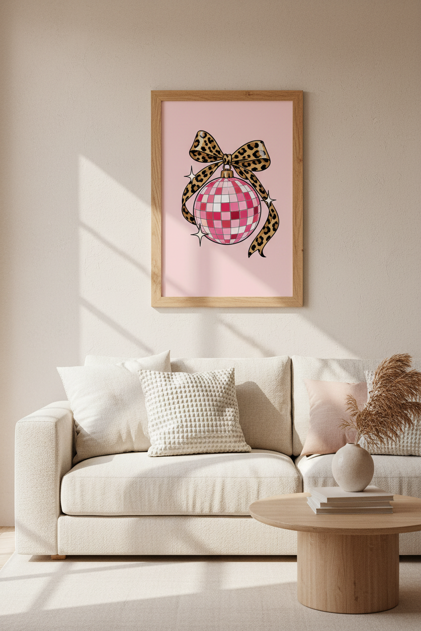 Pink Disco Ball Leopard Bow Wall Art Print | Preppy Room Decor | Trendy Coquette Poster