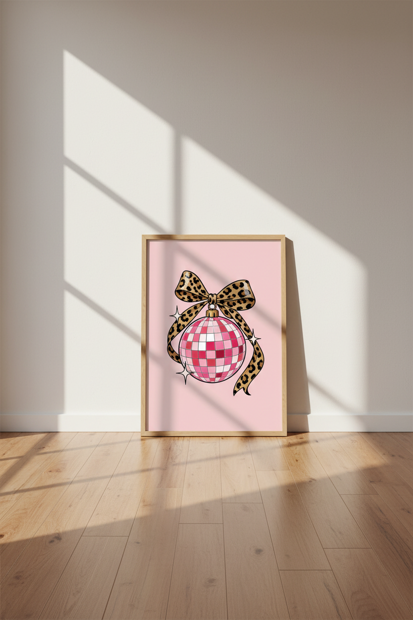 Pink Disco Ball Leopard Bow Wall Art Print | Preppy Room Decor | Trendy Coquette Poster