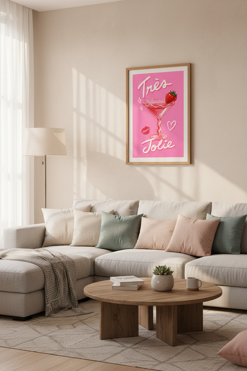 Pink Cocktail Wall Art | French Tres Jolie Strawberry Print | Preppy Bar Decor Poster