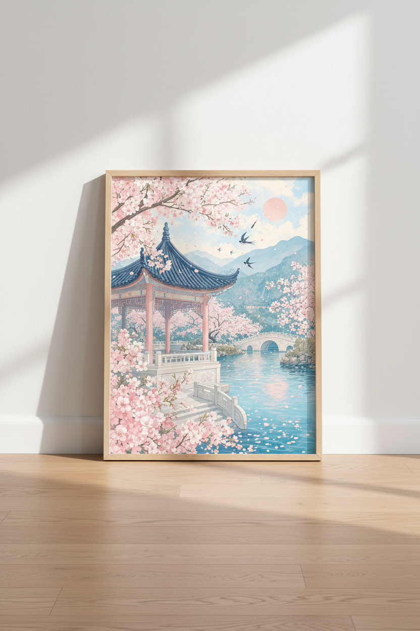 Japanese Cherry Blossom Pagoda Wall Art | Pink Sakura Landscape, Zen Bedroom Decor