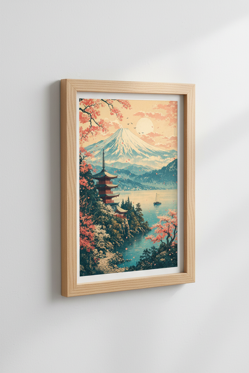 Mount Fuji | Ukiyo-e Cherry Blossom Art, Japanese Landscape Wall Decor