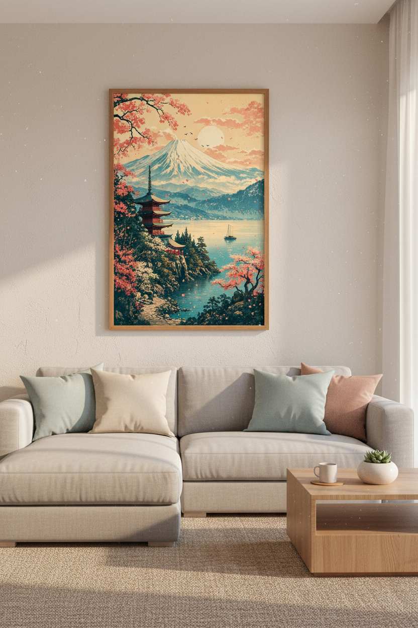 Mount Fuji | Ukiyo-e Cherry Blossom Art, Japanese Landscape Wall Decor