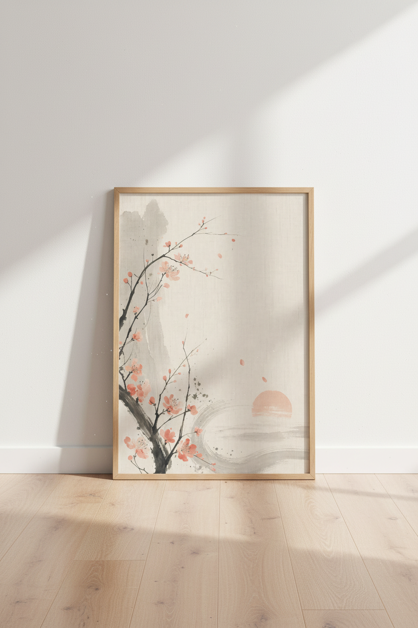 Cherry Blossom Sumi-e Art | Japanese Floral Pink & Beige, Zen Bedroom Decor