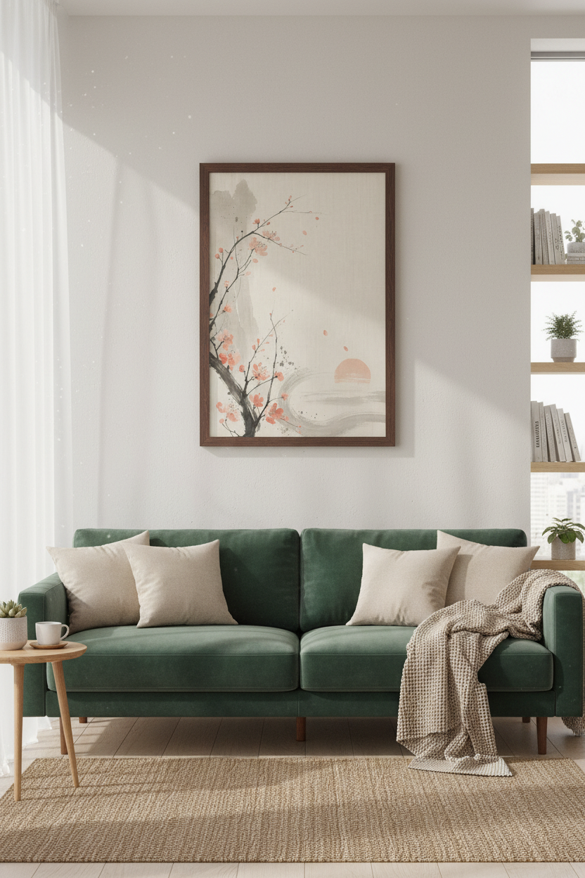 Cherry Blossom Sumi-e Art | Japanese Floral Pink & Beige, Zen Bedroom Decor