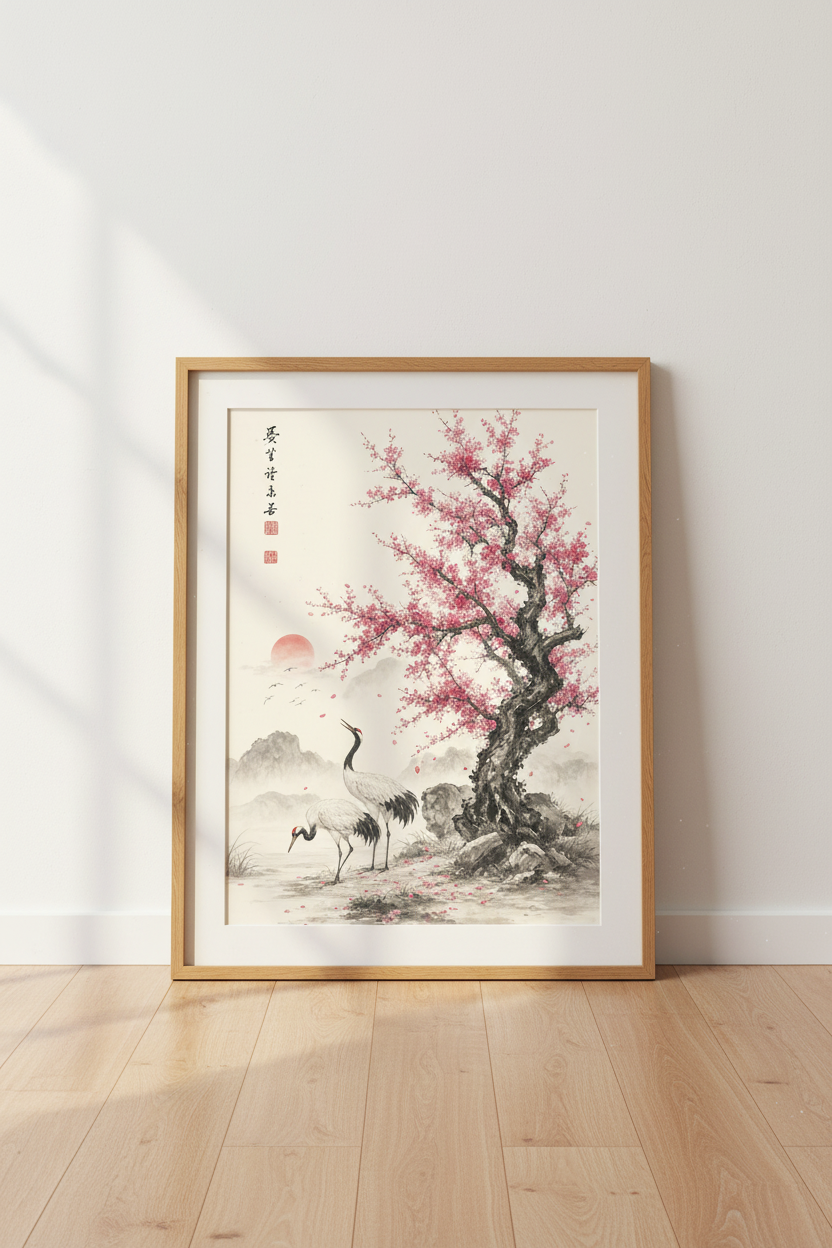 Japanese Crane Cherry Blossom Wall Art | Zen Ink Style Poster | Japandi Decor
