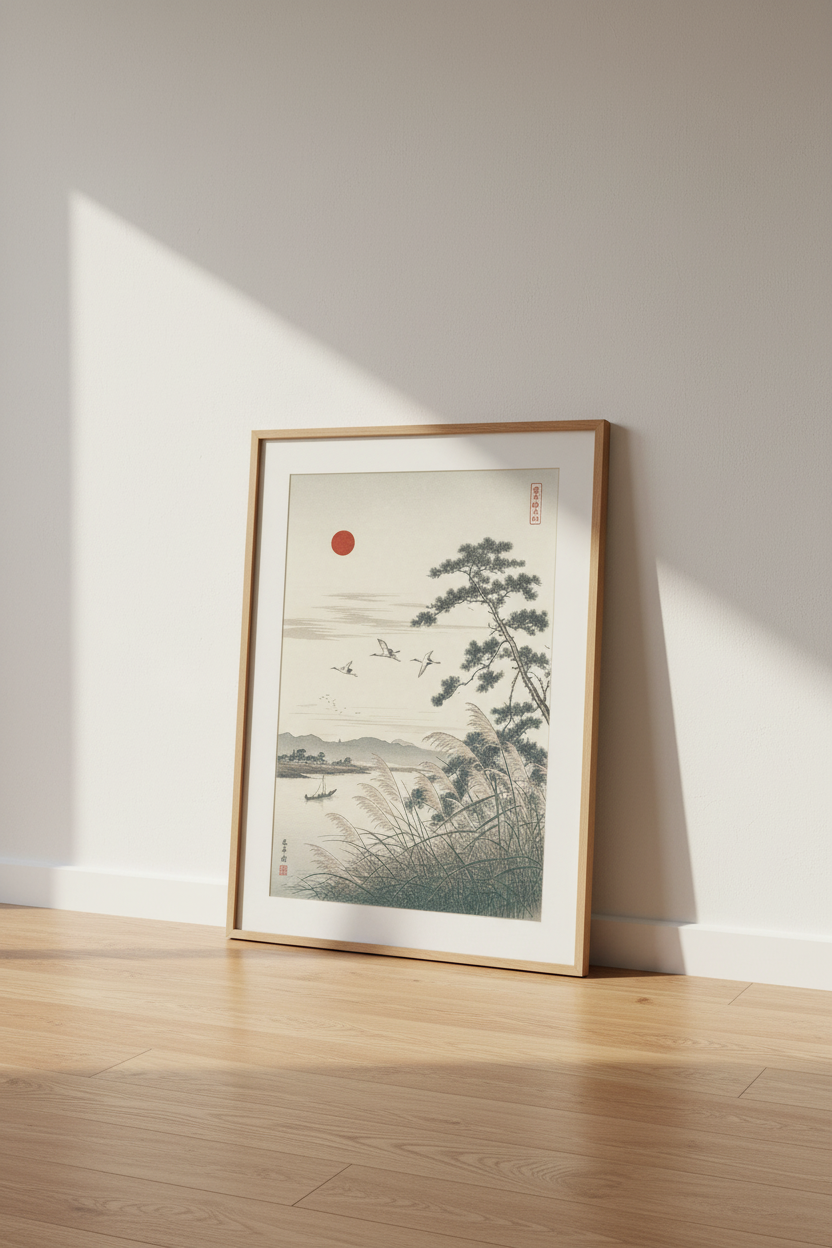 Japanese Crane Landscape Wall Art | Ukiyo-e Sun Poster, Japandi Living Room Decor