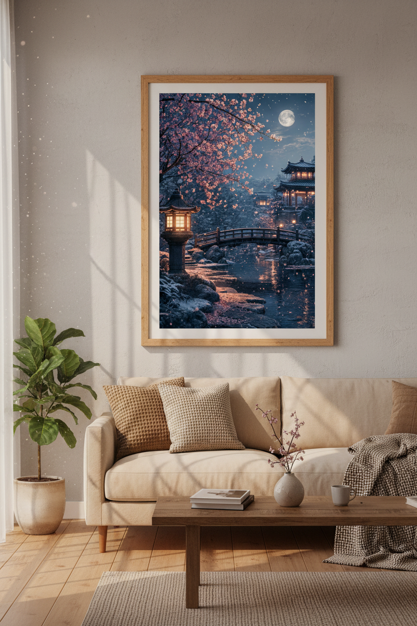 Japanese Garden Night Wall Art | Pink Cherry Blossom Pagoda Print | Zen Aesthetic Poster