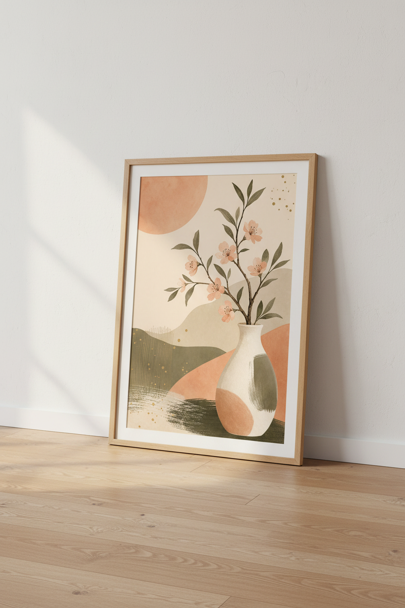 Japandi Floral Vase Wall Art | Abstract Terracotta & Sage Botanical, Minimalist Poster