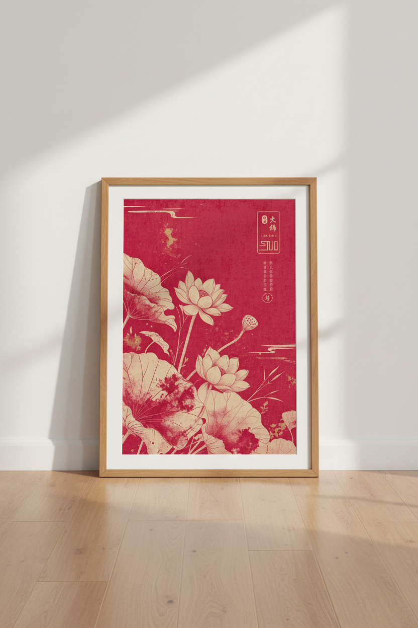 Japanese Lotus Flower Art | Red Gold Botanical Print, Zen Living Room Decor