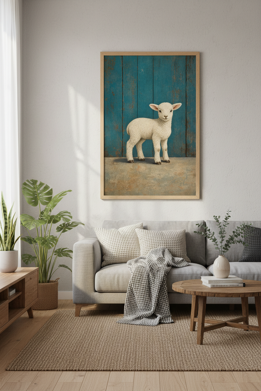 Baby Lamb Wall Art Print | Teal Rustic Wood Farmhouse Decor | Nursery Poster