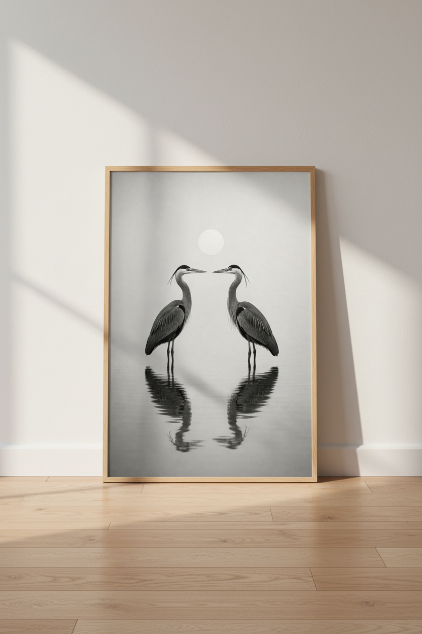 Heron Bird Art Print | Minimalist Black and White Nature Poster, Coastal Zen Decor