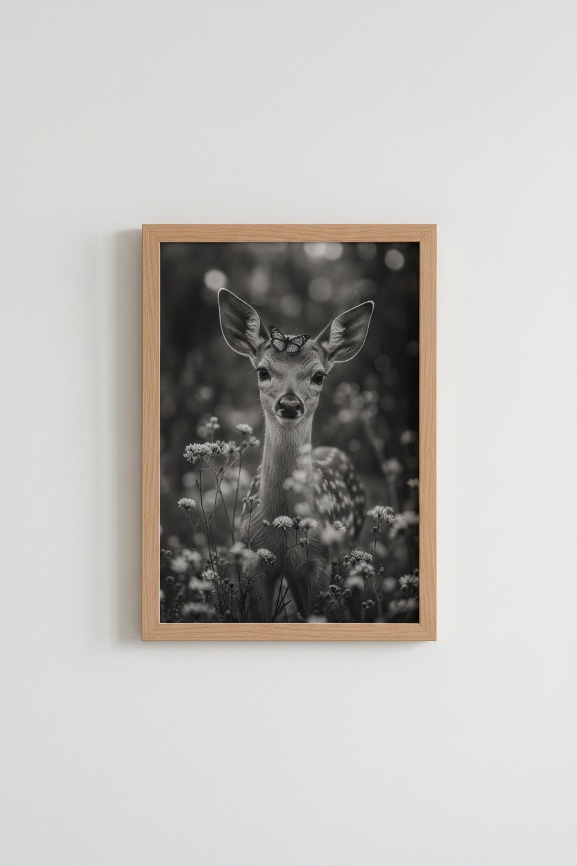 Deer Butterfly Wall Art Print | Black and White Woodland Nursery Decor | Whimsical Poster