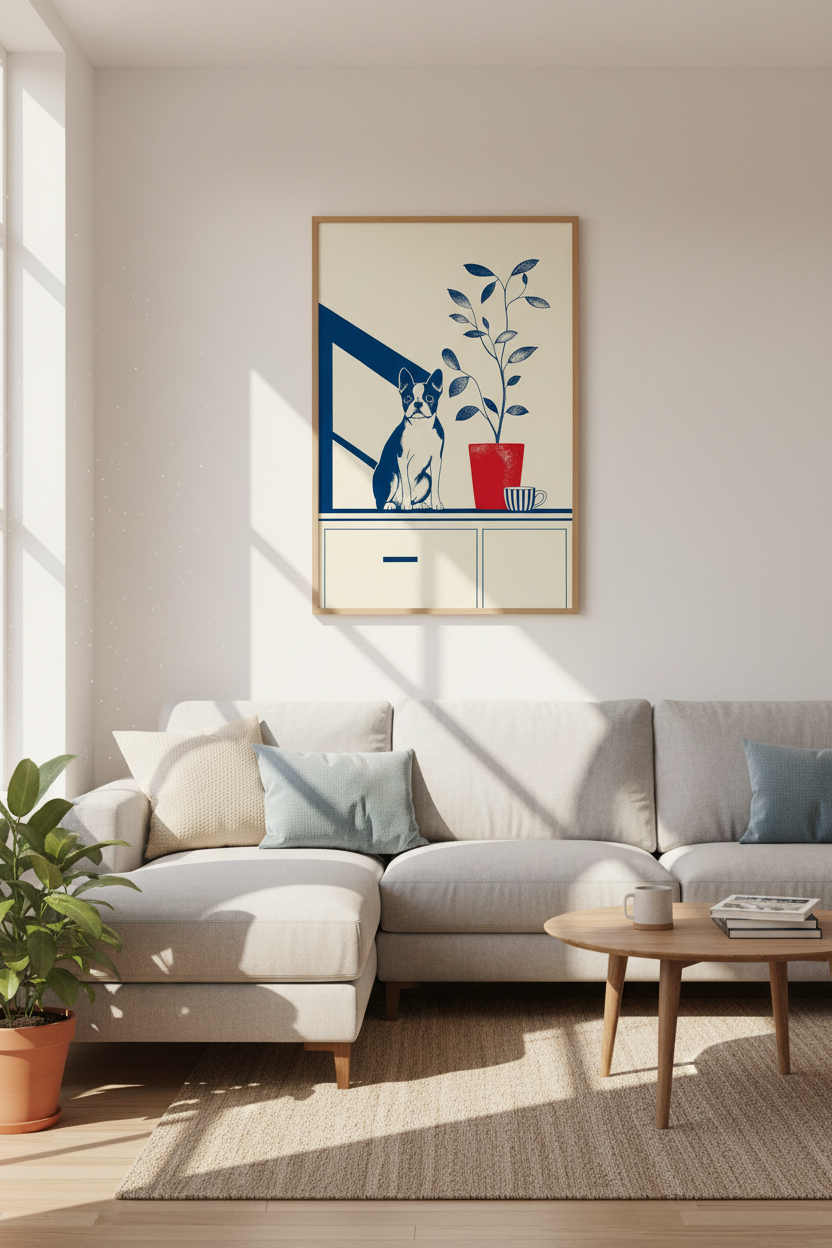 Boston Terrier Art | Mid Century Minimalist Dog Print, Modern Home Decor