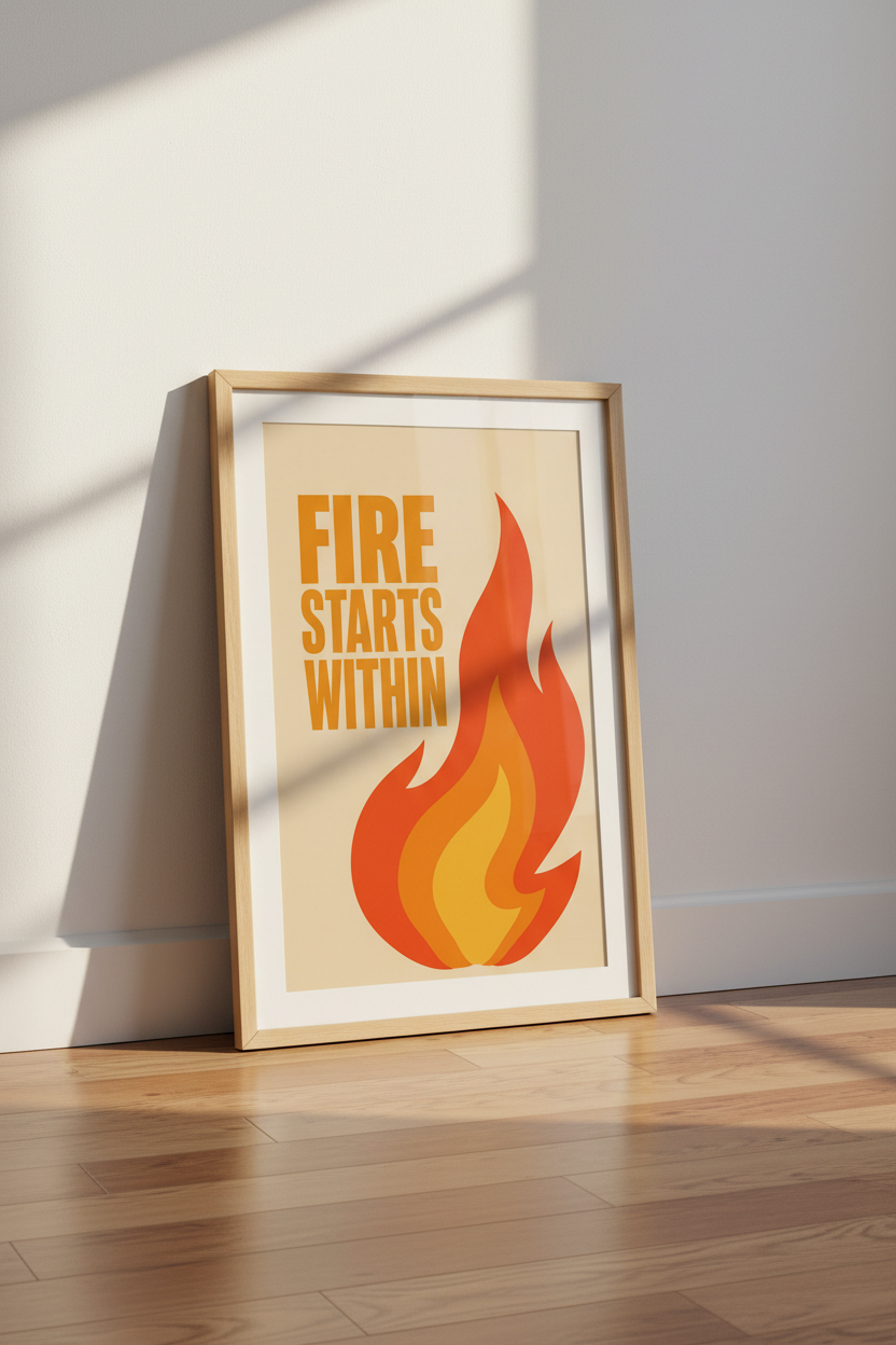 Flame poster art | Bold amber tones, Living room decor | Modern retro