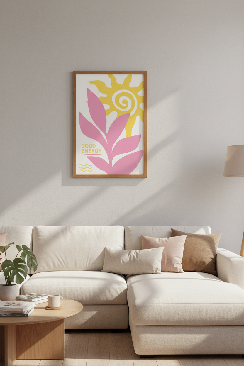 Good Energy Sun Wall Art Print | Pink & Yellow Retro Poster | Modern Boho Decor