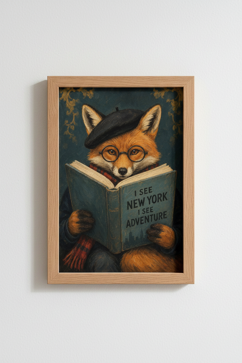 Fox Reading Art Print | Dark Academia Library Decor | Whimsical Animal Poster