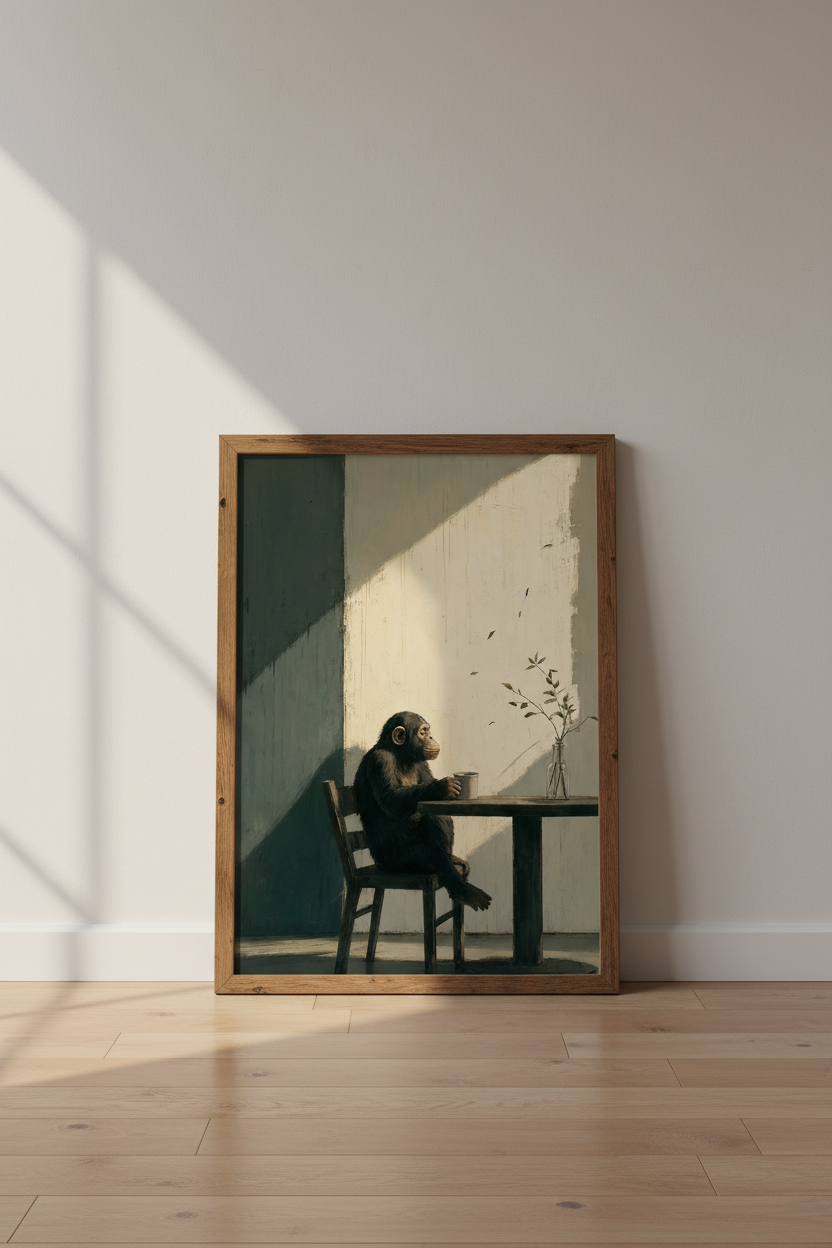 Chimpanzee Coffee Wall Art | Minimalist Primate Poster, Kitchen & Study Decor