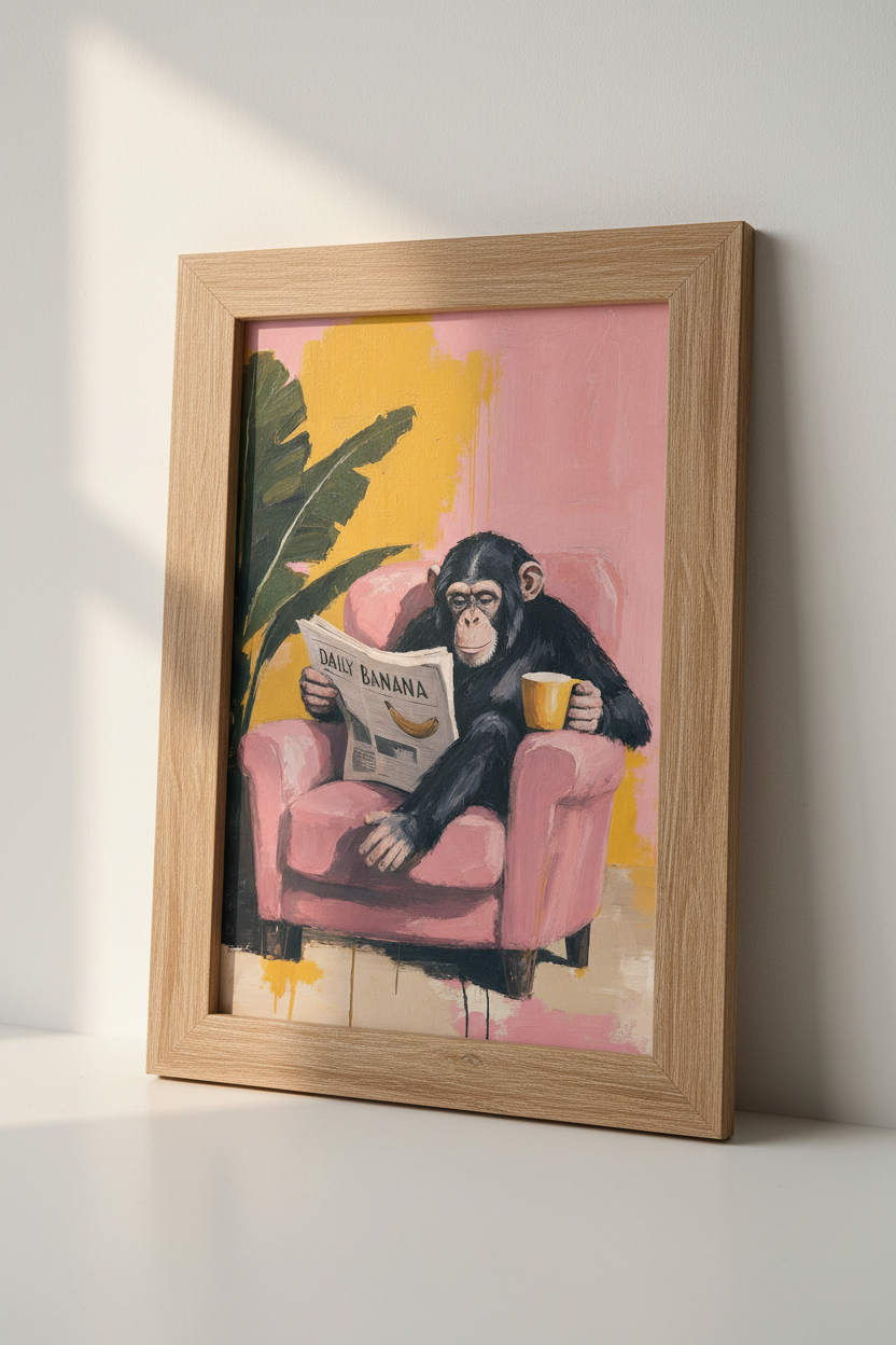 Chimpanzee Reading Newspaper Wall Art | Pink Eclectic Decor | Fun Monkey Poster