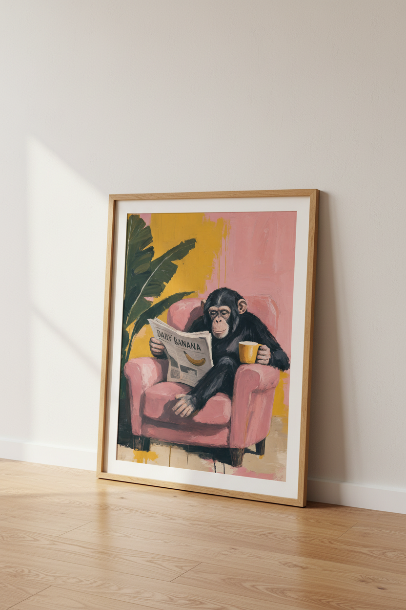 Chimpanzee Reading Newspaper Wall Art | Pink Eclectic Decor | Fun Monkey Poster