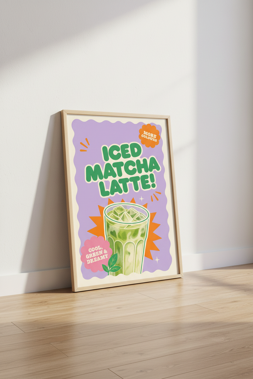 Iced Matcha Latte Wall Art Print | Retro Kitchen Decor | Pastel Aesthetic Poster