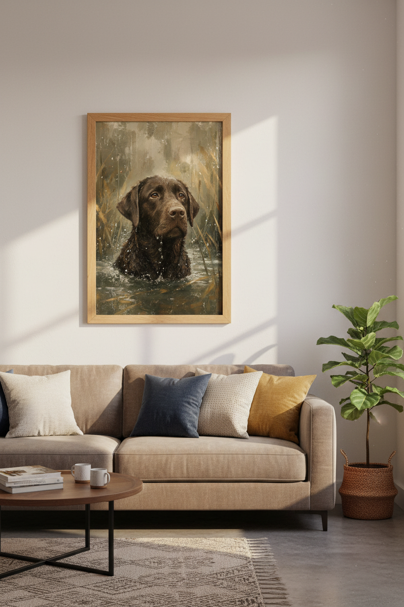 Chocolate Labrador Oil Painting | Rustic Dog Wall Art Print, Cabin Decor Poster