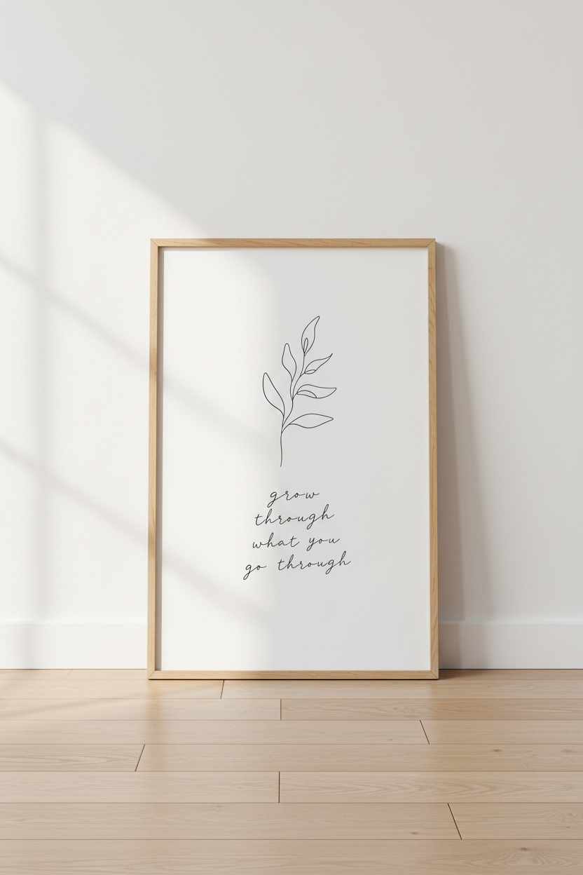 Minimalist Botanical Quote Wall Art | Black Line Leaf Poster, Modern Home Decor