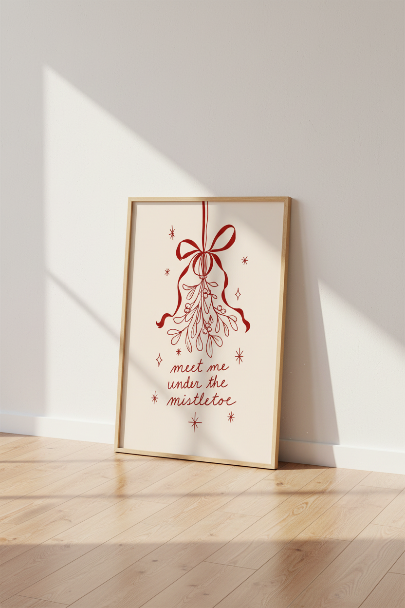 Christmas Mistletoe Print | Festive Red Holiday Decor | Minimalist Poster