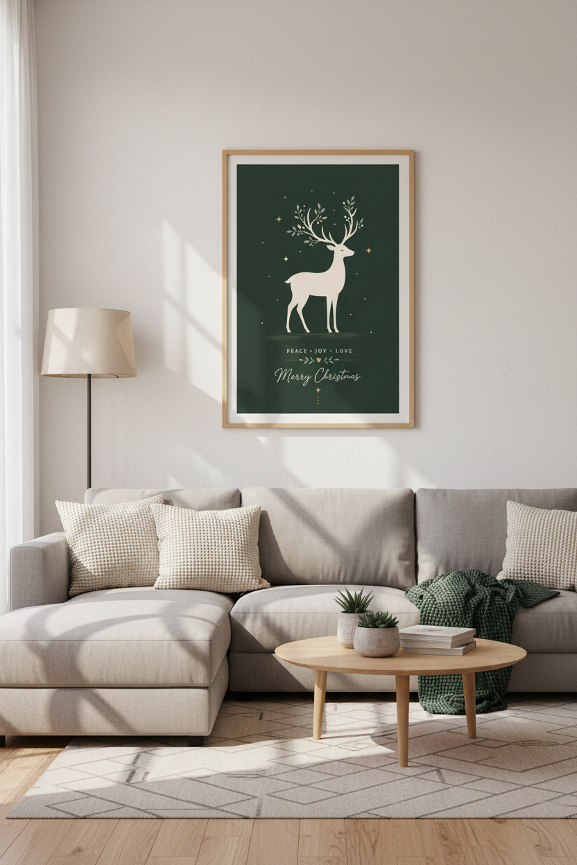 Christmas Reindeer Wall Art | Minimalist Forest Green Poster | Scandi Holiday Decor