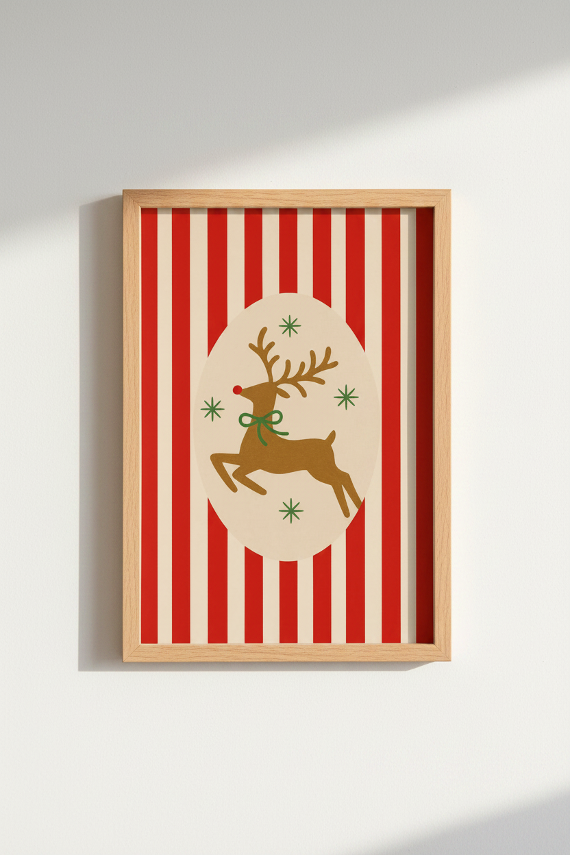 Reindeer Christmas Print | Red Striped Scandi Decor | Retro Holiday Poster
