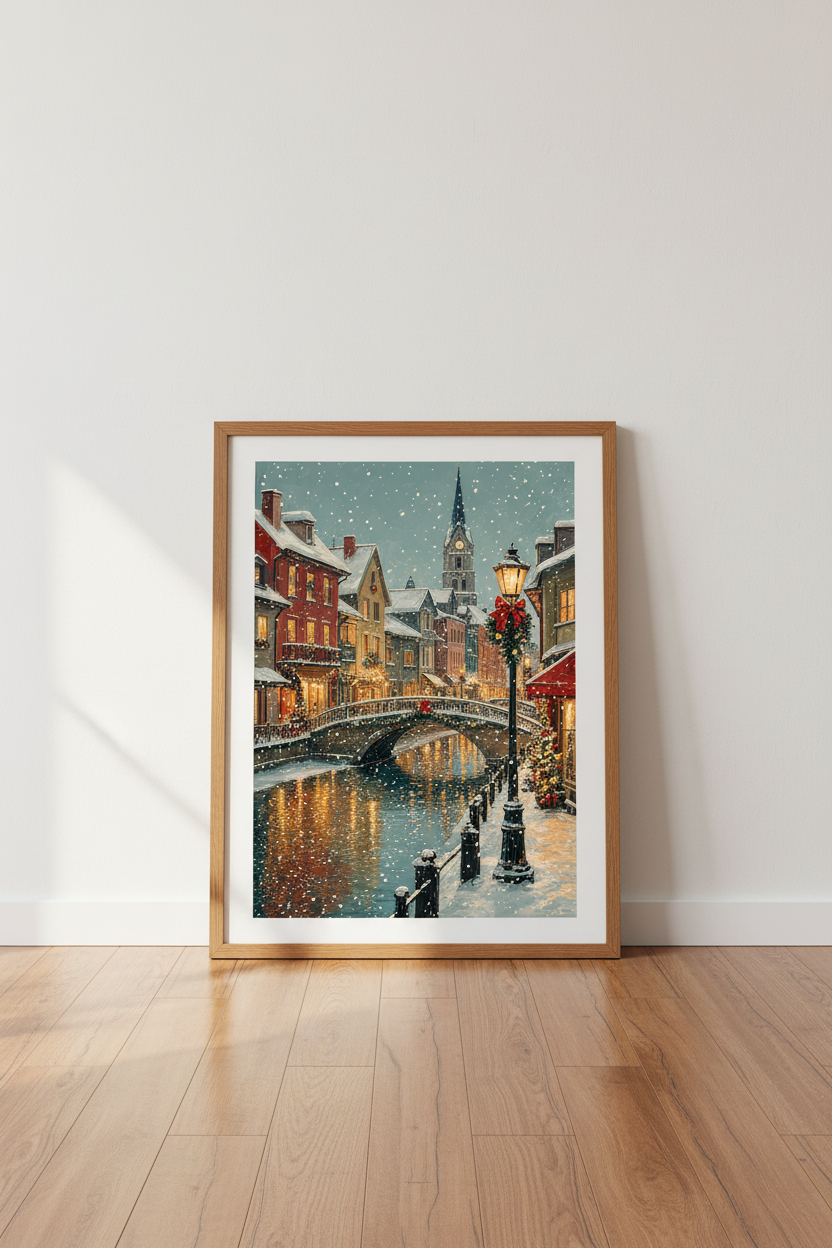 Christmas Winter Village Wall Art | Snowy City Poster, Holiday Living Room Decor