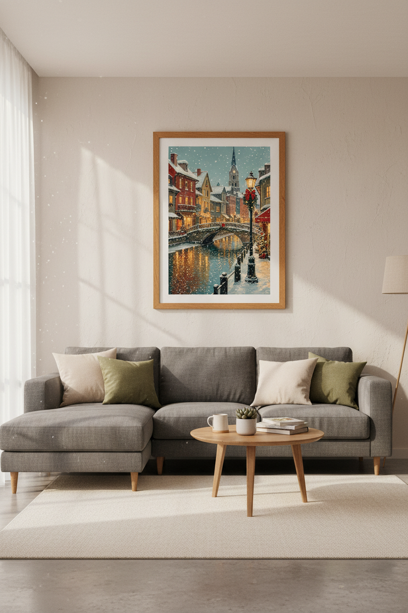 Christmas Winter Village Wall Art | Snowy City Poster, Holiday Living Room Decor