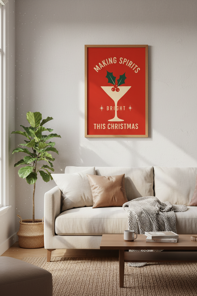 Retro Christmas Cocktail Wall Art | Mid Century Modern Bar Decor | Festive Poster