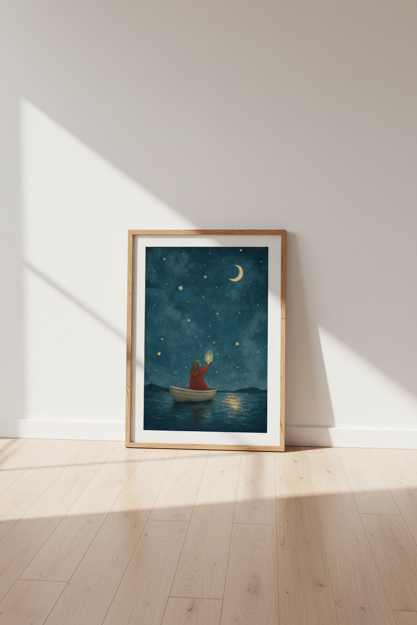 Whimsical Girl Catching Stars Art | Navy Blue Nursery Decor | Dreamy Celestial Poster